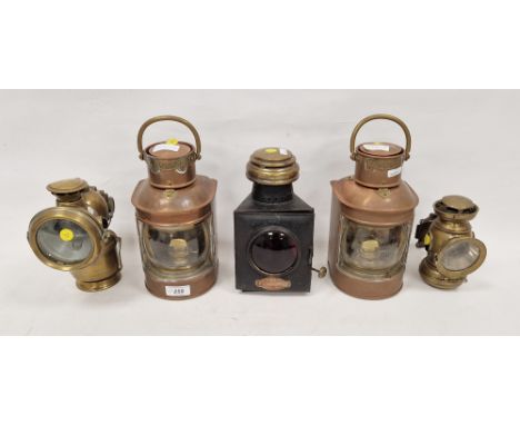 Collection of early 20th century ships' lights and others similar, including two named for Stern with wedge burners, within c