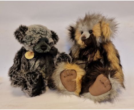 Large Charlie Bear with mottled brown coat, bell around his neck and another Charlie Bear 'Brodie' designed by Isobelle Lee (