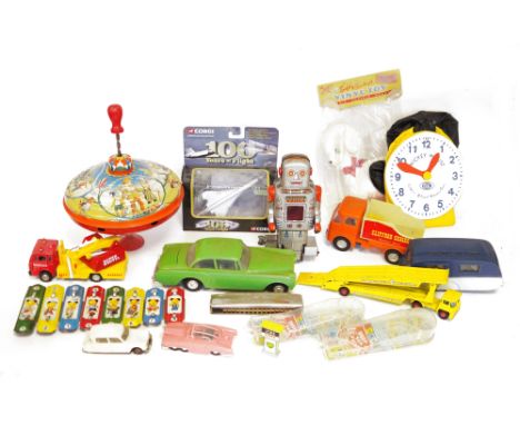 Vintage spinning tinplate spinning top, a vehicle transporter, with various Hot Wheels and other cars, a clockwork robot, Soo