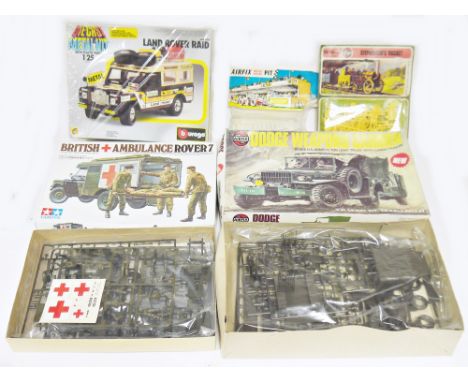 Airfix Dodge weapons carrier series 8 No.08362-9, together with a Burago Land Rover Raider, Tamiya British 34 ton Ambulance R