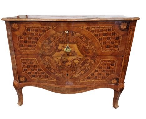 Pair of 18th century Italian walnut marquetry commodes in the manner of Giuseppe Maggiolini, of serpentine line, with canted 