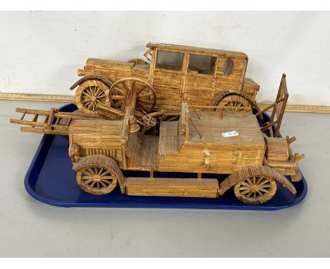 Two matchstick models of vintage cars and other related items