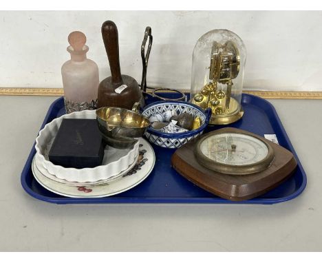 Tray of various assorted ceramics, barometer, mantel clock etc