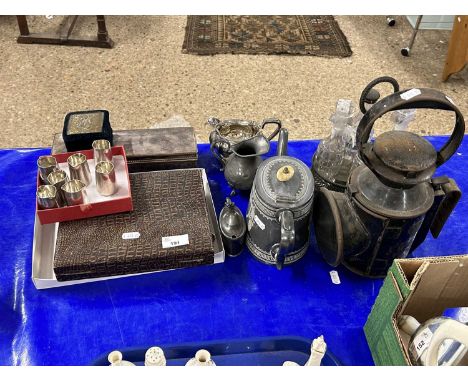 Mixed Lot: Vintage railway lamp, assorted cutlery, cruet and other assorted items