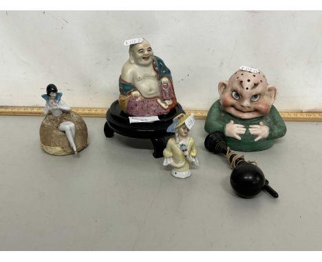 Mixed Lot: Porcelain hat pin stand, pin cushion dolls, small model Buddha and other items