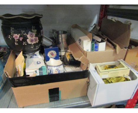 Two boxes containing a quantity of Ringtons related items including tankards, collectors plates, model cars, vase etc and a f