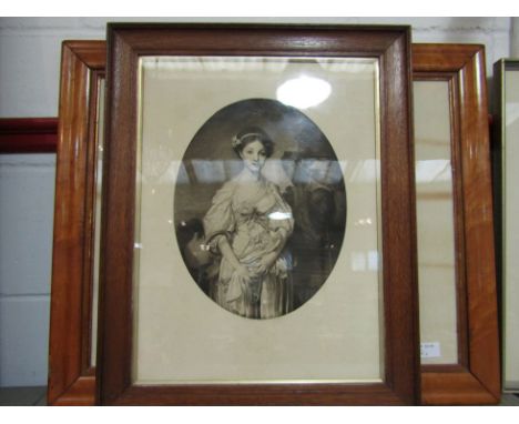 A Victorian print of dog grieving on coffin, maple framed and another portrait (2) 