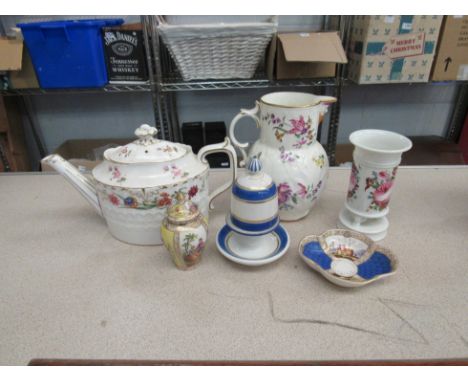 A Royal Crown Derby teapot together with a porcelain Victorian spill vase, modern mask jug by Royal Worcester, A Brecknell Tu