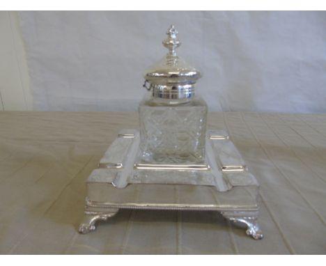 Silver plated and gut glass inkwell on stand