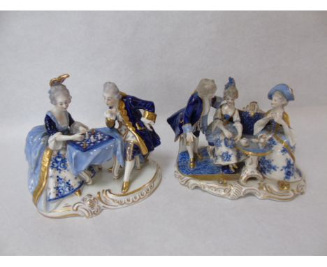 2 German porcelain figural groups, man and lady playing chess, two ladies and a man talking