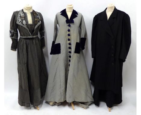 1880's Long Sleeved eau de Nil Grosgrain Trained Dress, trimmed with a dark purple velvet around the neck, cuffs and pockets,