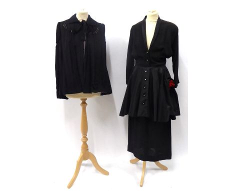 1930's Black Silk Shoulder Cape, with attractive cut work on shoulders, front of garment and back panel exposing a lilac silk