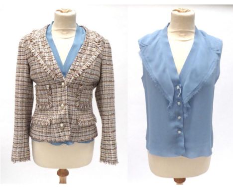Chanel Brown, Cream and Blue Boucle Checked Jacket / Blazer, with two patch pockets, two flap pockets, the cuffs, lapels and 