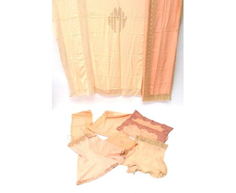 Three Peach Bed Covers, Circa 1930's, comprising two matching examples in silk crepe de chine and another; a Matching Pair of