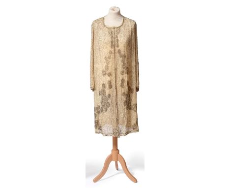 1920's Cream Cotton Gauze Long Sleeved Coat, densely beaded with flowers in dull gold coloured metal beads which continue in 