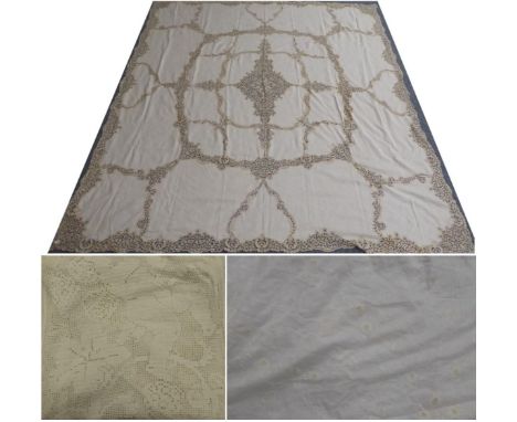 20th Century Large Bed Cover, in fine cream cotton lawn, appliquéd in a meandering design with swags inter-spaced with flower