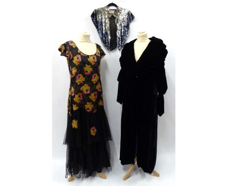 1920's Full Length Evening Dress, the bodice to waist of black lamé with gold yellow, pink floral design, the skirt of black 