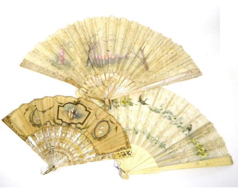 Late 19th Century Mother-of-Pearl Fan, signed by Boillat, with gauze painted leaf surrounded by hand made Brussels bobbin lac