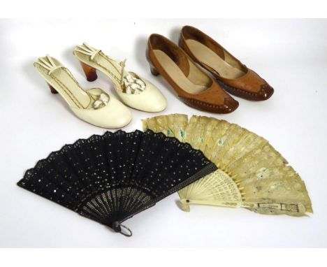 Pair of Christian Dior Cream Leather Shoes, with heel straps linked with gilt metal chains to front of instep, clear amber co