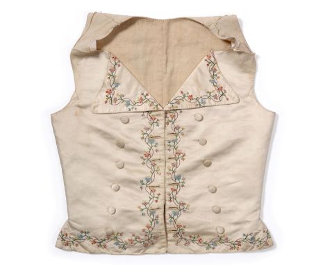 Ladies Cream Silk Embroidered Waistcoat, Circa 1790, the embroidery decorating the pointed lapels, front of bodice and hemlin