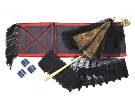 19th Century Black Lace Folding Parasol, double lined in cream silk with honey silk, wooden upper handle, the lower part in d