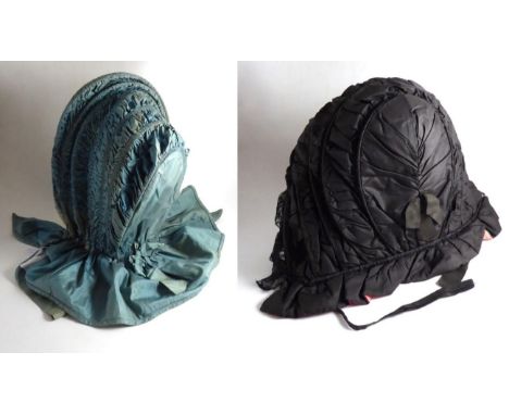 Late 18th Century Aqua Silk Calash Bonnet, several tiers of ruching towards a flat rear panel, gathered at the neck with a si