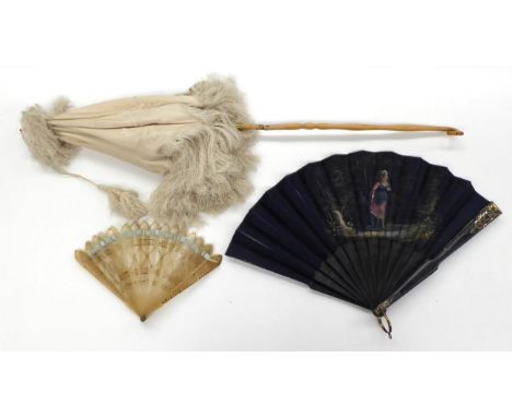 Mid-19th Century Folding Parasol, wooden shaft and cream silk embroidered cover with silk fringing and tassel, cream lining i