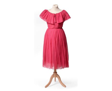 Yves Saint Laurent For Christian Dior Fuchsia Pink Silk Chiffon Day Dress, Spring/Summer 1959, numbered '99060', the cap slee