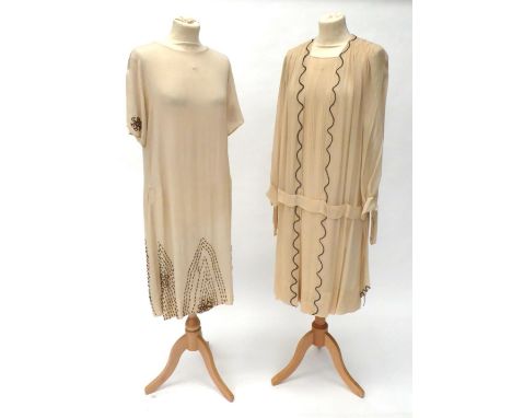 1920's Cream Chiffon Long Sleeved Flapper Dress, with grey meandering stitching framing a pleated panel to the front and ruch