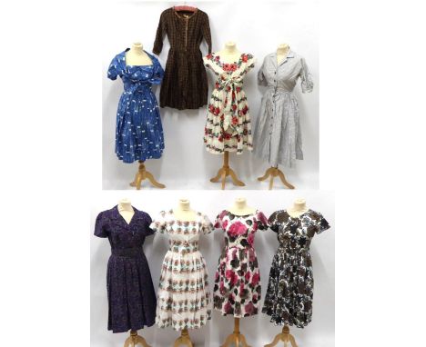 Assorted 1950's and Later Ladies Dresses, comprising a Gay Deb brown and white floral cotton tea dress with matching waist be