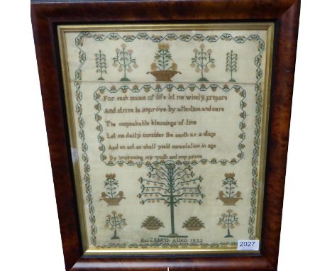 William IV Sampler by Elizabeth Allen, Dated 1832, with central verse within a foliate border, amongst decorative trees and b