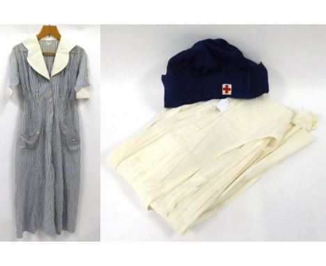 Early 20th Century ''A.R.C Canteen Red Cross Worker'' Navy and White Striped Cotton Dress and Blue Cotton Hat, both bearing w