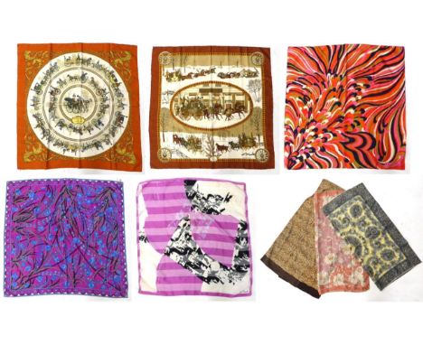 Hermes Scarf, 'La Promenade De Longchamps', depicting horses and carts within an orange border, 90cm square; another Hermes S