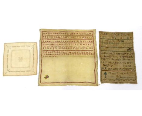 Unframed Alphabet Sampler, Dated 1815, by Mary Lingard, worked with a verse, animal and tree; together with an Unfinished Unf