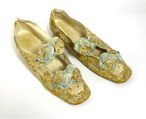 Pair of Ladies Woven Silk Low Heeled Flat Fronted Shoes, Circa 1855-1870, brocade silk in cream, gold and blue, lined in crea