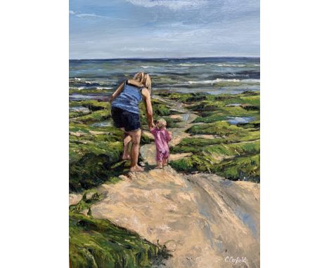 Catherine Corfield, "First steps to the Sea ", original oil on board, 30 x 21cm,  c. 2021. Framing required. UK shipping serv