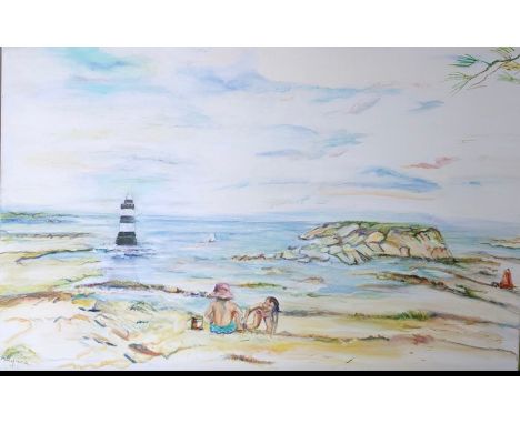 Myrna Higgins, "Children playing by the crab pool", oil on canvas, 90 x 60cm, c. 2018. Children's fun day out at the beach.  
