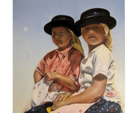 Stephanie Caeiro, "Portuguese girls", oil on canvas, 45 x 45cm, c. 2021. I painted two young girls dressed in Portuguese trad