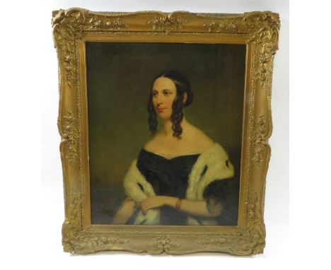 English School, 19th century, portrait of a female with a fur shawl 74cm x 61cm