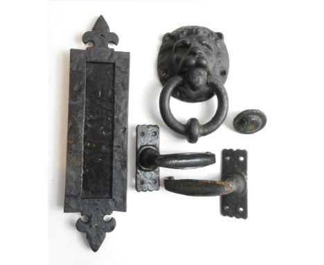 Iron door knocker along with an iron letterbox and fittings