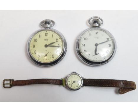 Timex, an open faced pocket watch; another similar by Smiths; and a ladies Ingersoll wrist watch on a strap