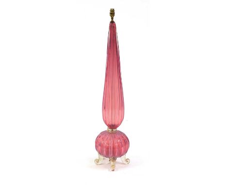 A Murano 'Cordonato d’Oro' lamp base, c.1950, by Barovier &amp; Toso, the tapering fluted pink and opaque glass stem, surmoun