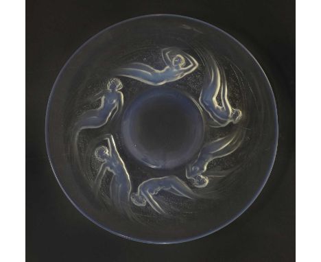 A René Lalique 'Ondines' opalescent glass plate,designed in 1921, moulded with six nudes, wheel engraved 'R. Lalique' and etc
