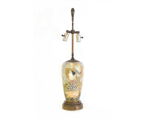 An Art Nouveau 'Amphora' porcelain table lamp,by Riessner, Stellmacher &amp; Kessel, painted with a female head in profile, w