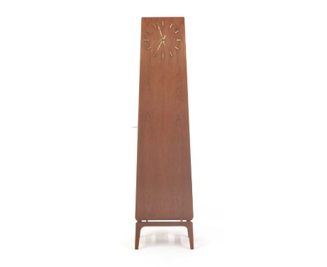 A Danish teak longcase clock,the dial with brass spacers and hands, with a tapering case, opening to reveal four shelves, fit