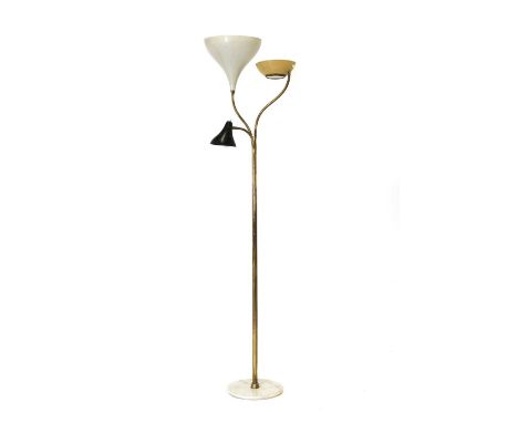 An Italian modernist standard lamp,1950s, designed by Oscar Torlasco for Lumen, with three joined brass arms of staggered hei