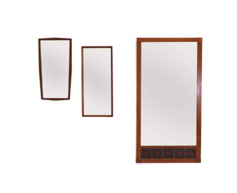 Three Danish teak wall mirrors,one fitted with a tile frieze,64.5 x 132cm, andtwo plain,32.5 x 75cm 35 x 67cm (3)Condition Re