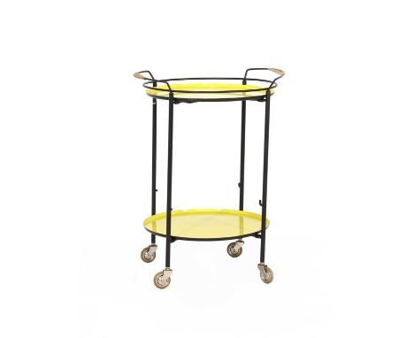 A Danish two-tier serving trolley,1960s, designed by Laurids Lønborg, with two yellow enamel trays, on a black stand with wic