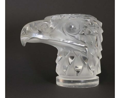 A Lalique 'Tete d'Aigle' clear glass car mascot,designed in 1928, modern with frosted details, engraved 'Lalique R France',11