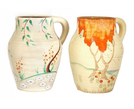 A Clarice Cliff 'Orange Toarmina' Lotus jug,with birds in flight above a blue sea and yellow beach, the brown trunk of the tr
